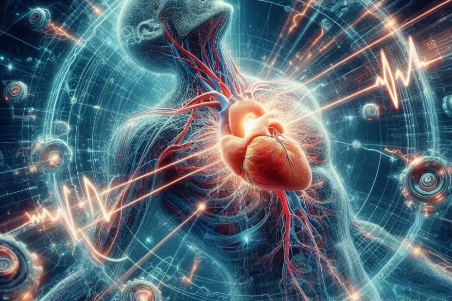 Ilustración que representa la actividad eléctrica del corazón. La imagen muestra un corazón humano con trazos brillantes que simbolizan los impulsos eléctricos que recorren el músculo cardíaco.