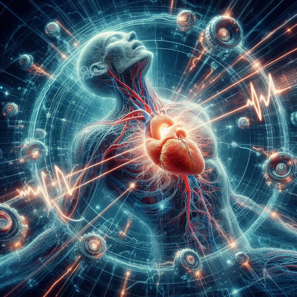 Ilustración que representa la actividad eléctrica del corazón. La imagen muestra un corazón humano con trazos brillantes que simbolizan los impulsos eléctricos que recorren el músculo cardíaco.