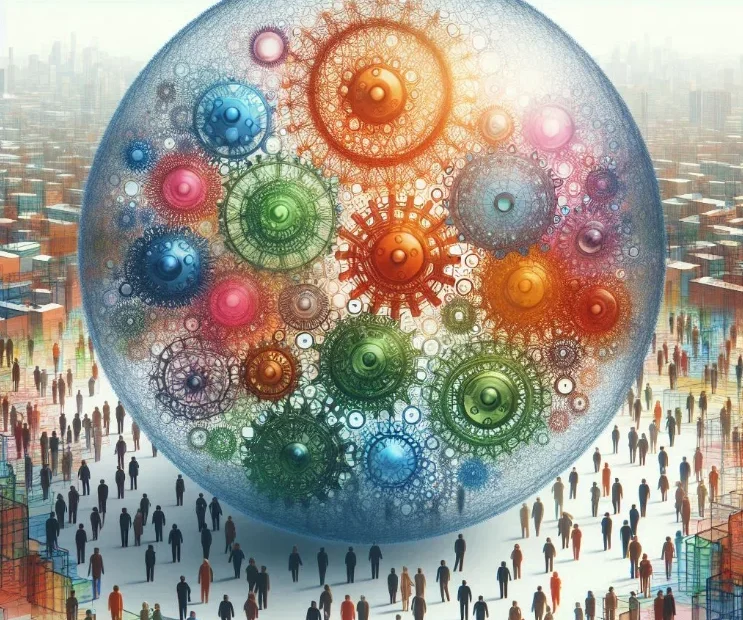Imagen de burbuja transparente que representa la salud pública como una red cubriendo una diversidad de personas y un paisaje.