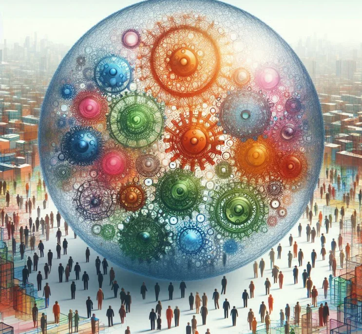 Imagen de burbuja transparente que representa la salud pública como una red cubriendo una diversidad de personas y un paisaje.