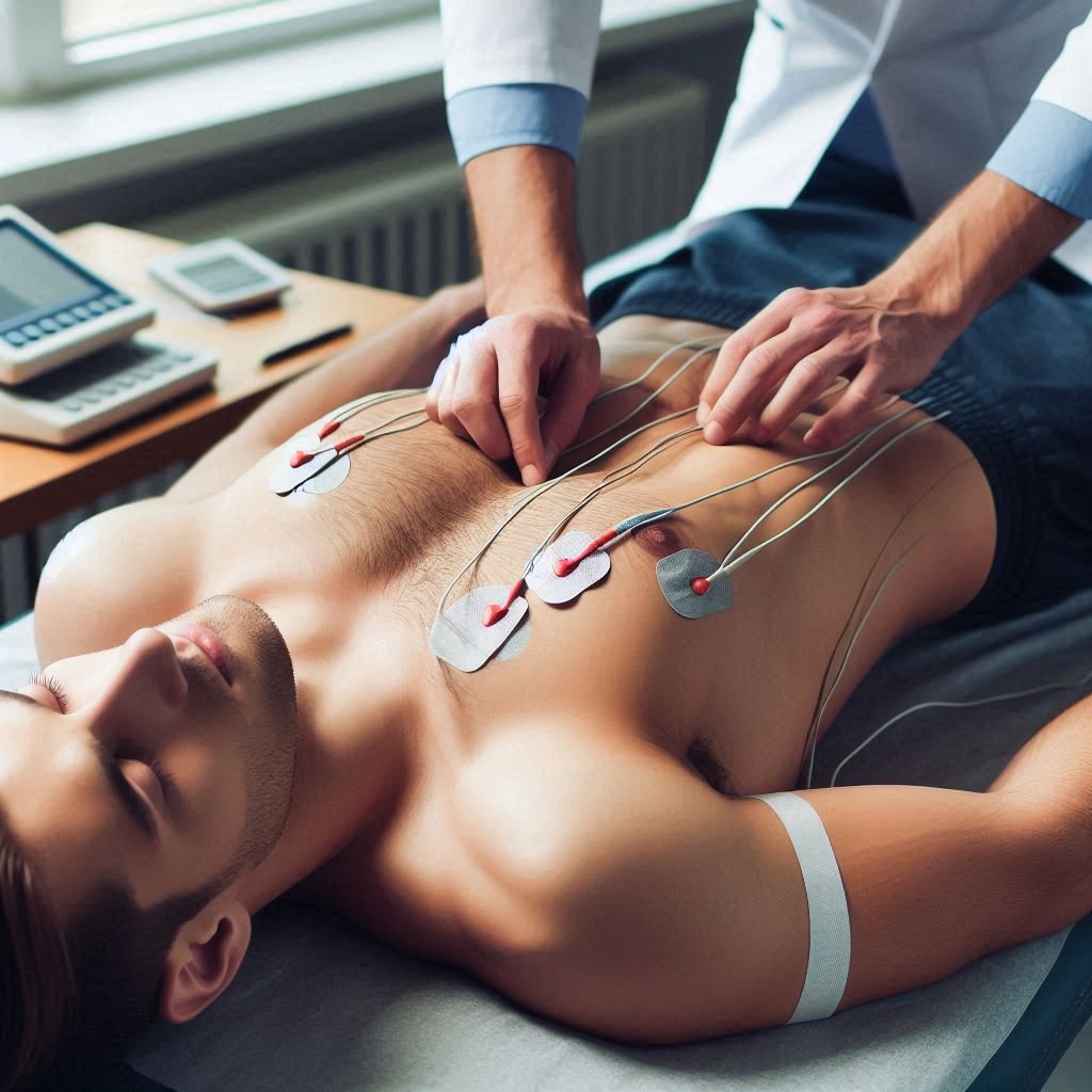 La actividad eléctrica del corazón: Motor esencial de la vida 3 Imagen de un médico realizando un ECG a un paciente acostado en una camilla. Se observan claramente los electrodos colocados sobre el tórax del paciente, conectados a un equipo de registro que muestra la actividad eléctrica del corazón en una pantalla.
