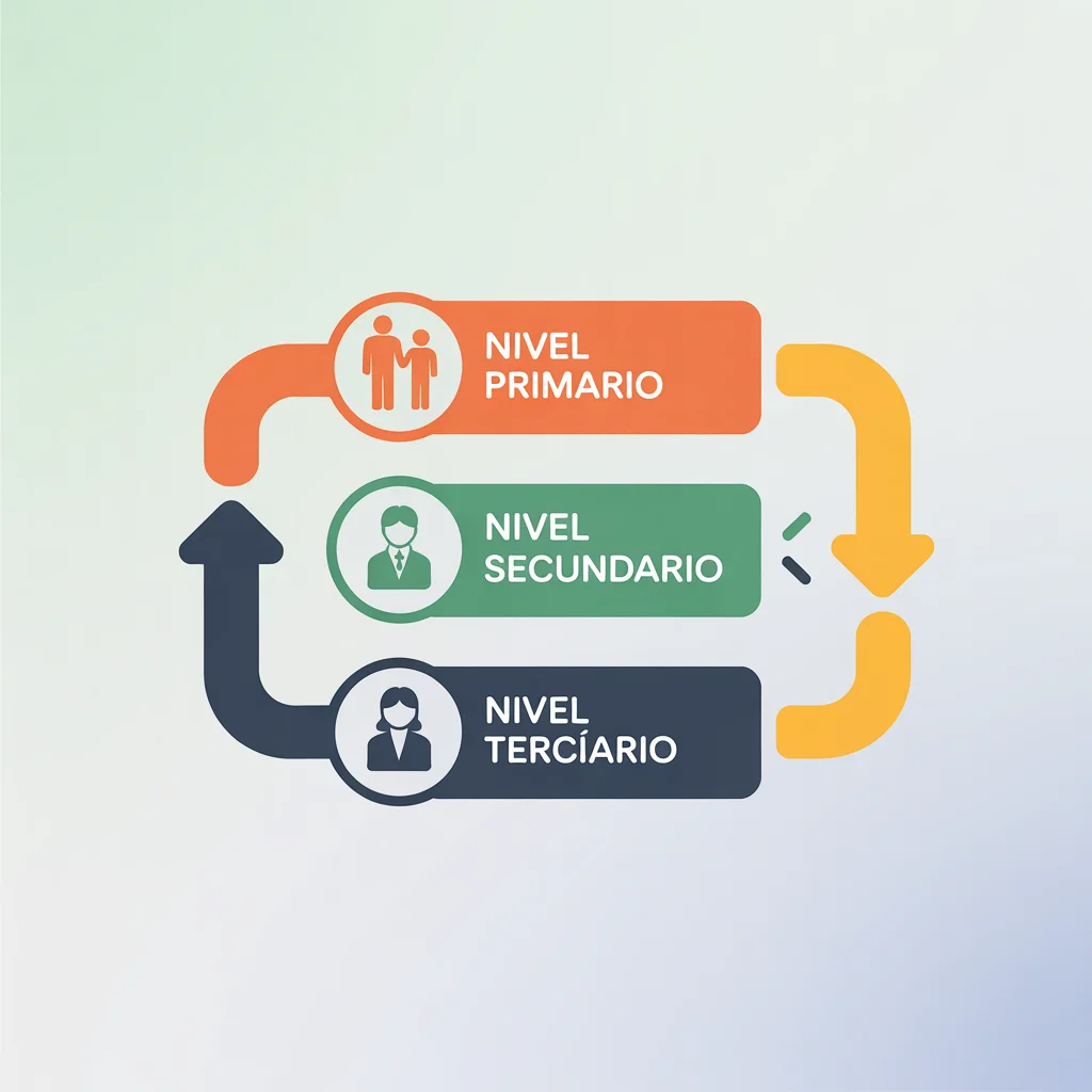 Infografía mostrando flechas conectando cajas etiquetadas como Nivel Primario, Nivel Secundario y Nivel Terciario, en representación de los niveles de atención en salud.