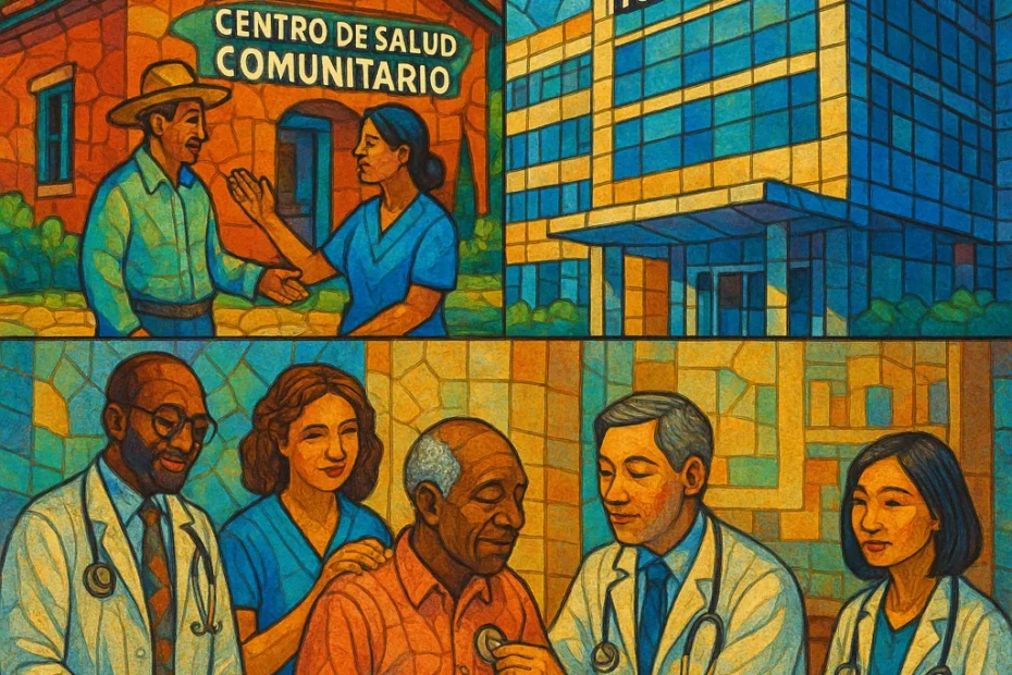 Un mosaico que combina imágenes de un centro de salud comunitario, un hospital moderno y un equipo de especialistas, simbolizando la diversidad y organización del sistema de salud.
