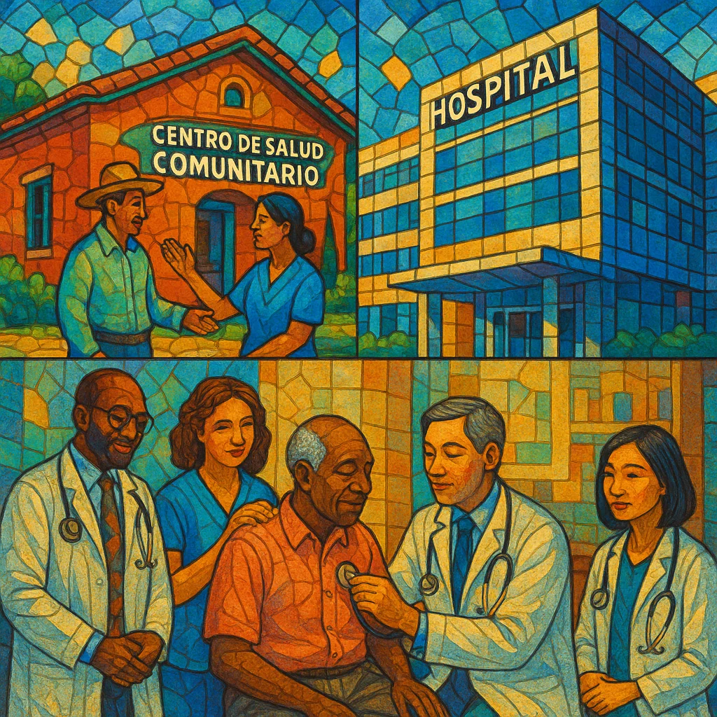 Un mosaico que combina imágenes de un centro de salud comunitario, un hospital moderno y un equipo de especialistas, simbolizando la diversidad y organización del sistema de salud.