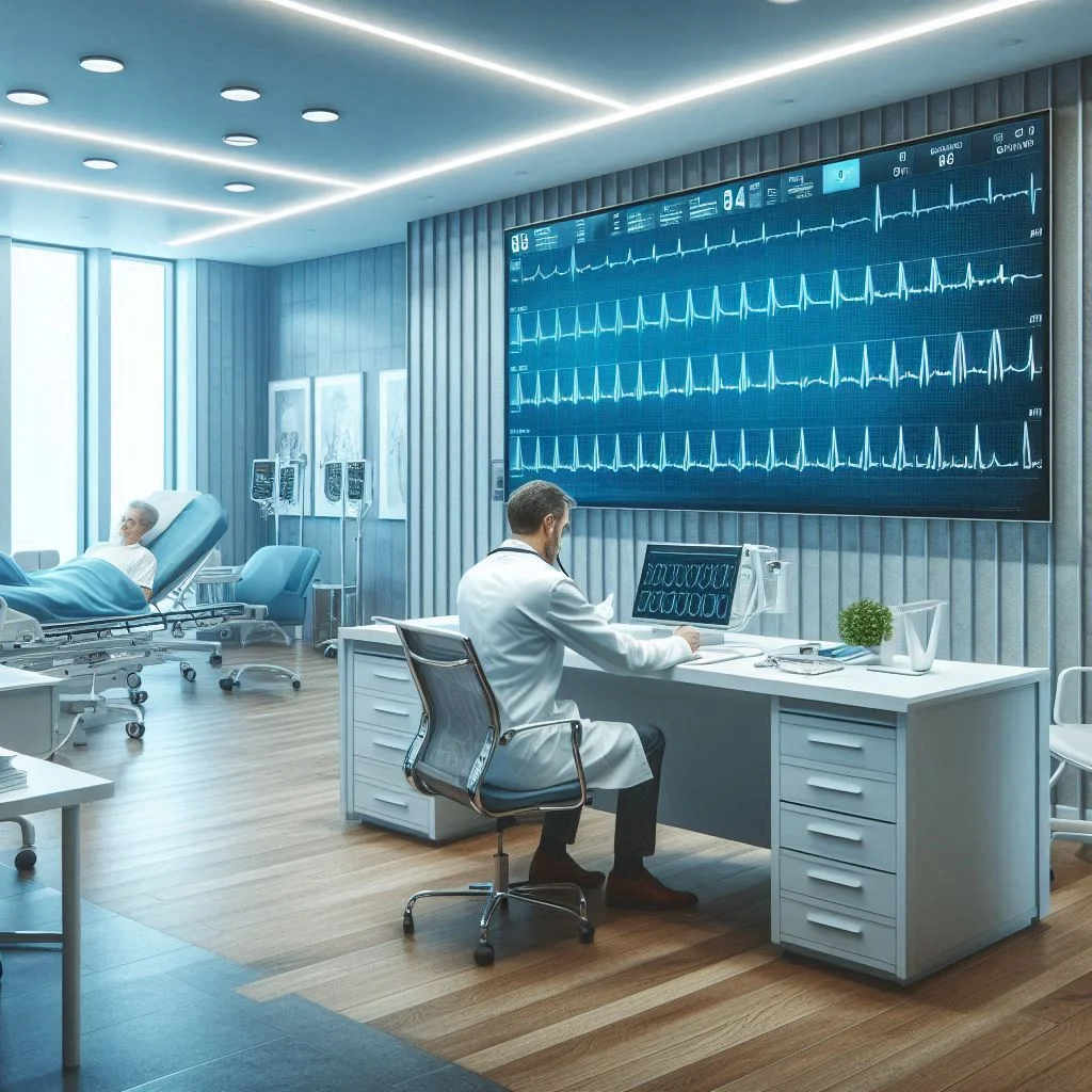  Imagen interior de un hospital general moderno, mostrando una sala de consulta con un especialista revisando imágenes en una computadora.
