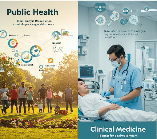 Salud Colectiva: Evolución Histórica y vínculo con la Atención Médica 3 Imagen dividida en representación de las diferencias entre Salud Colectiva y Medicina Clínica