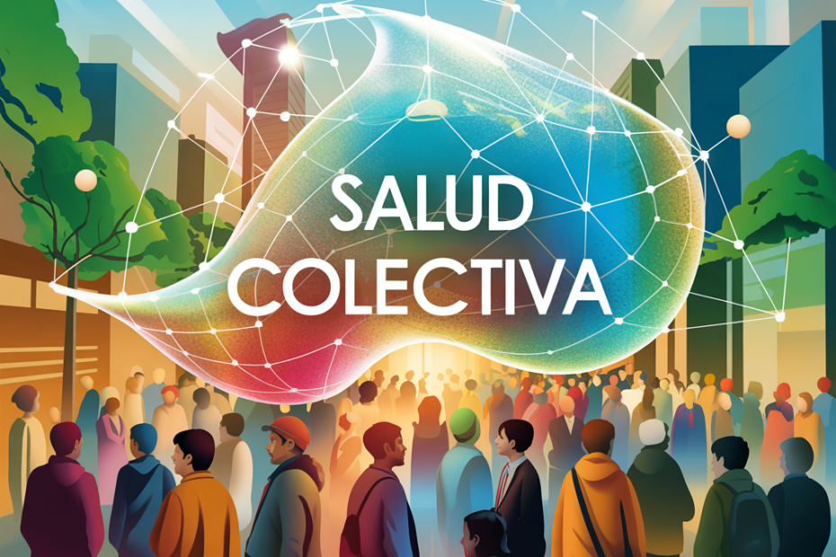 Imagen representativa de la Salud Colectiva. Un grupo de personas observando una burbuja con el texto Salud Colectiva