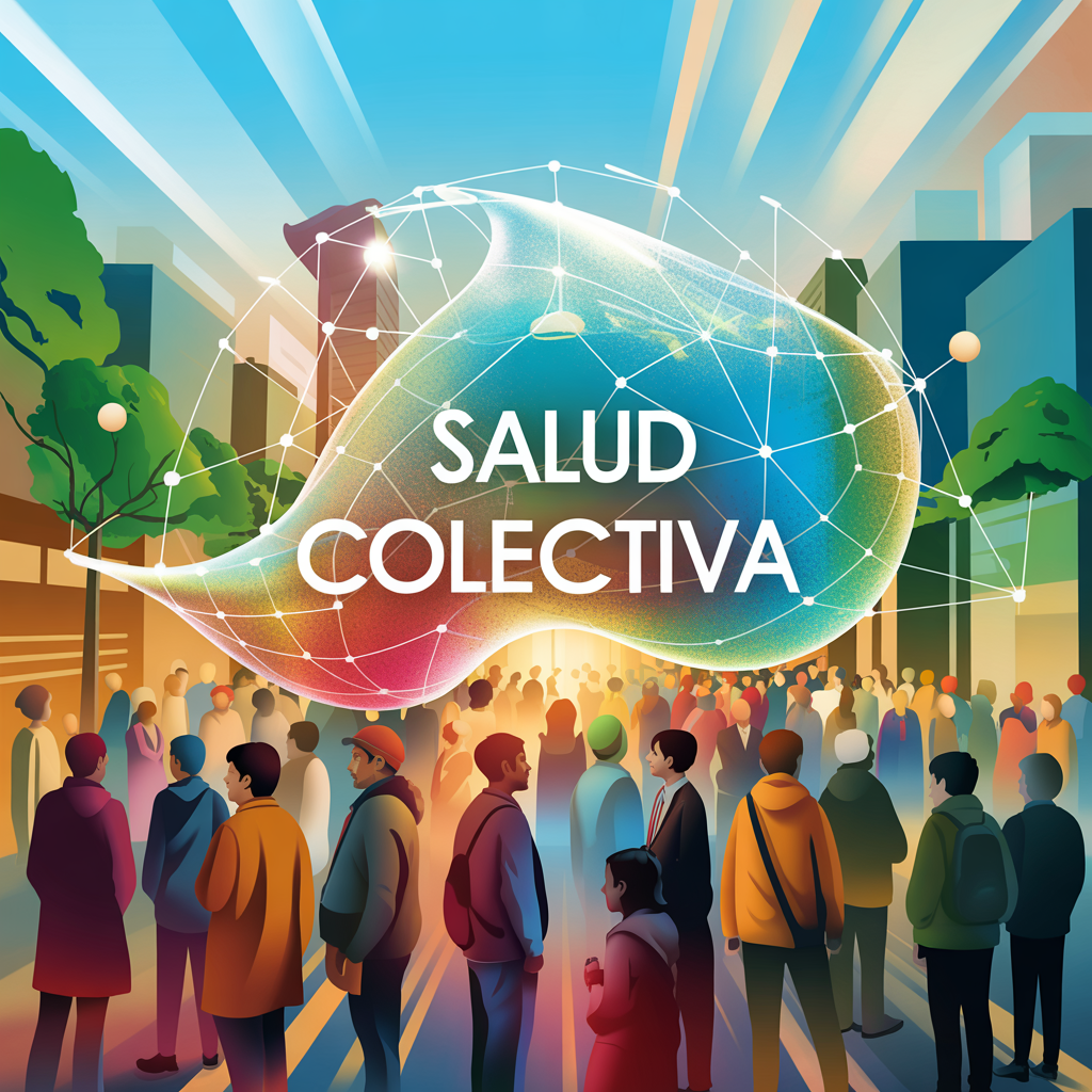 Imagen representativa de la Salud Colectiva. Un grupo de personas observando una burbuja con el texto Salud Colectiva