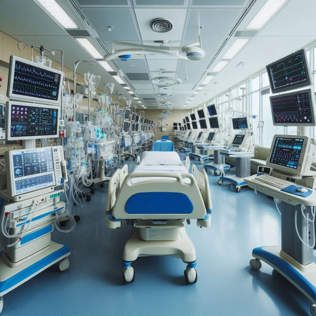 Imagen de Interior de una Unidad de Cuidados Intensivos (UCI) con equipos médicos de alta tecnología.
