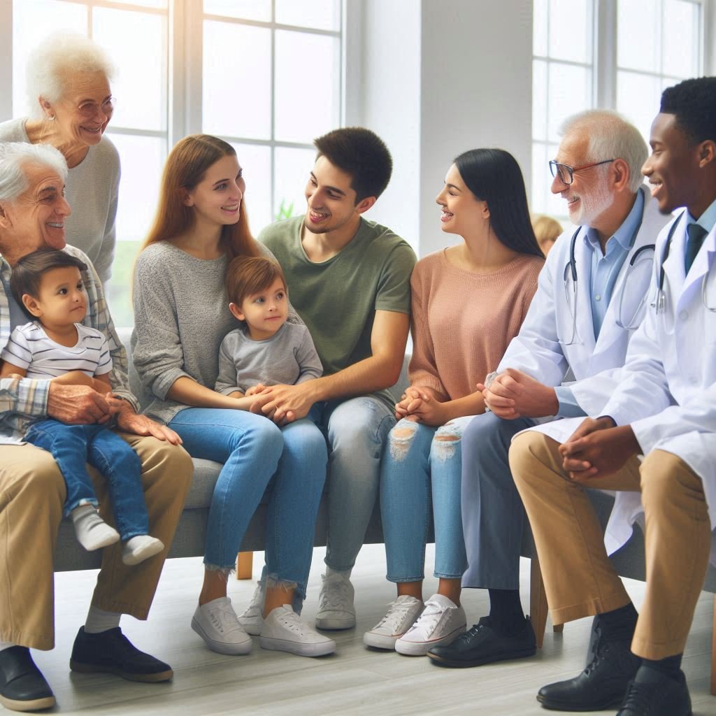 Un grupo diverso de personas, incluyendo una familia, un anciano y un niño, interactuando amigablemente con personal sanitario como un médico y una enfermera, en un centro de salud comunitario luminoso.